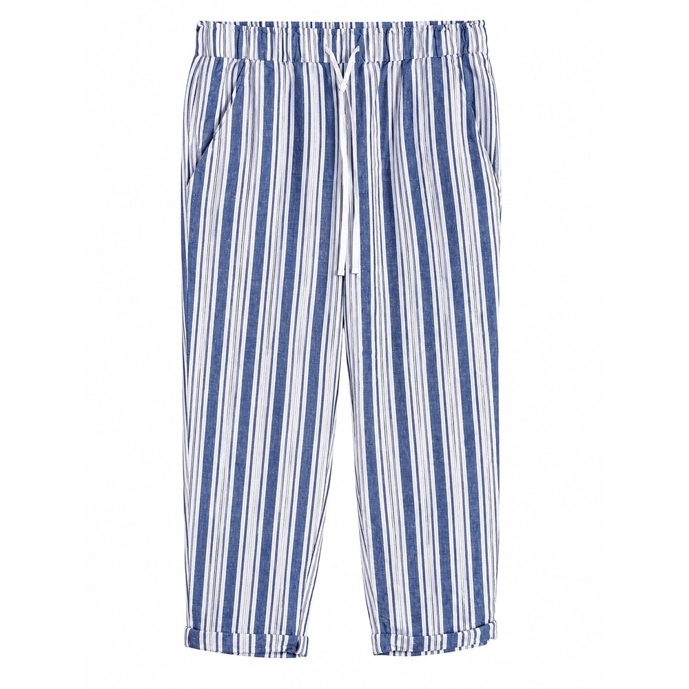 LOFT Blue White Stripe Linen Blend Drawstring Pants Cuffed Size Small